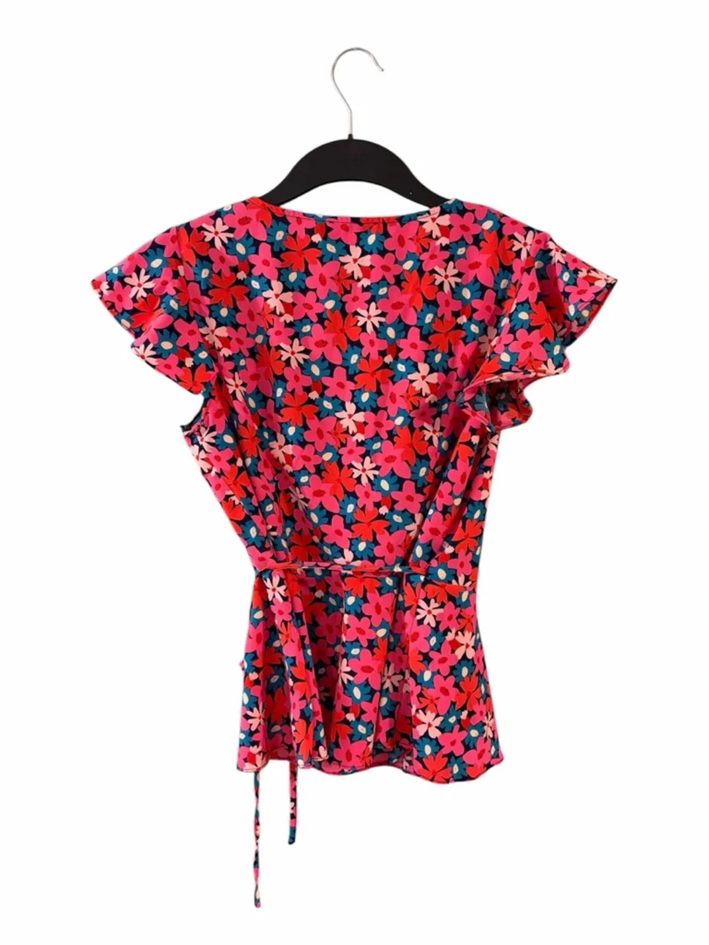 Floral Wrap V-Neck Blouse in Pink and Blue - Picture 3 of 3